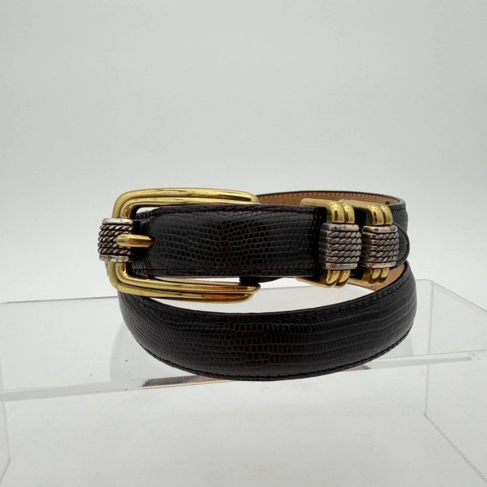 Brighton Black Lizard Embossed Leather Belt S 26-30 Gold Silver USA